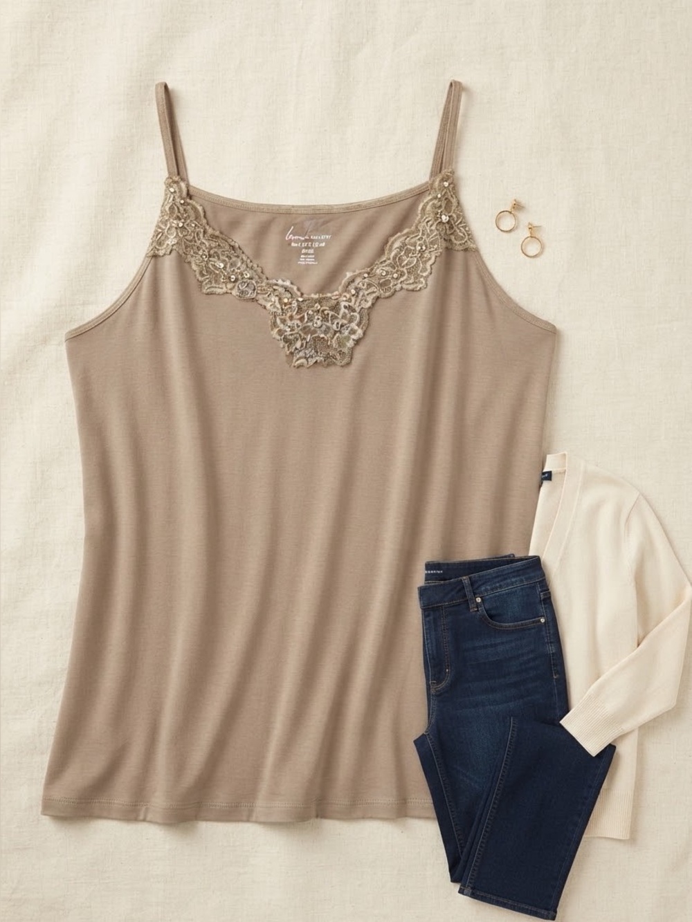 Lane Bryant Taupe Rhinestone Trim Lace Cami Tank Top Size 26/28
